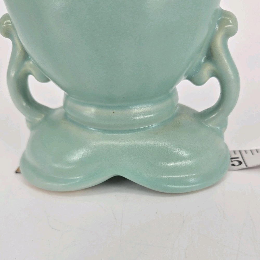 Vintage Weller Cameo Rose Vase Aqua Green White Floral Double Handle 7 In Deco - Picture 9 of 11
